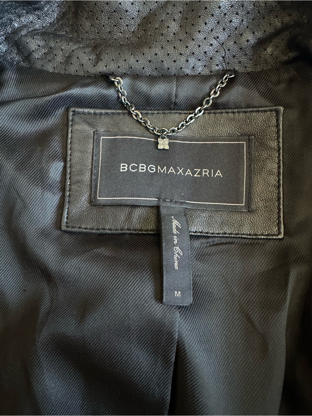 BCBGMAXAZRIA Black Genuine Leather Mixed Media Moto Jacket Belted Size M - Picture 10 of 11